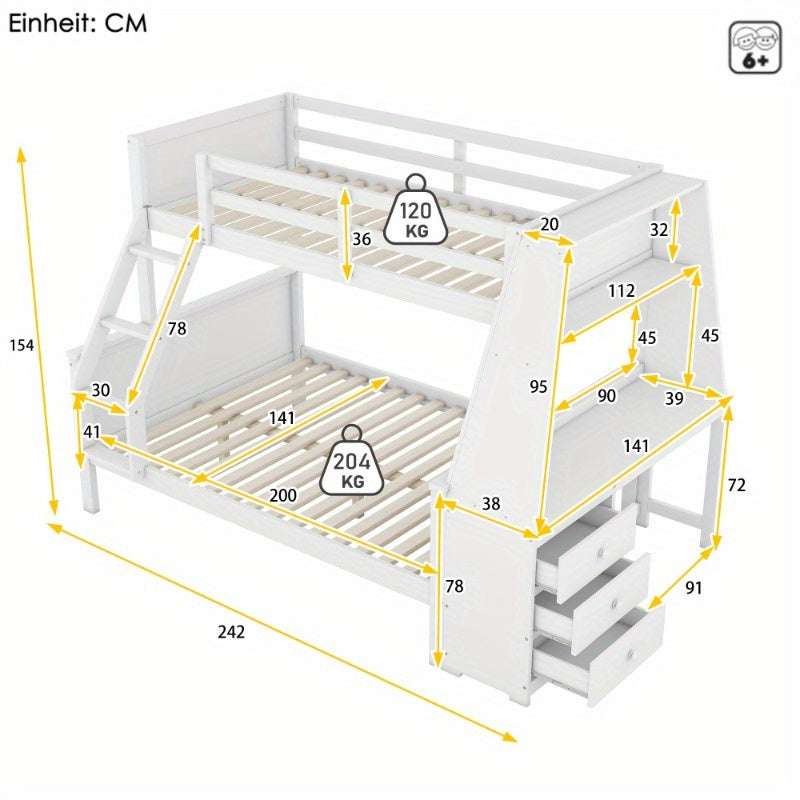 Stapelbed – Hoogslaper – Halfhoogslaper – Kinderbed – Multifunctioneel Bed – Wit – Met Bureau en Opbergruimte – 90x200 & 140x200 cm – Hoge Veiligheidsschuif