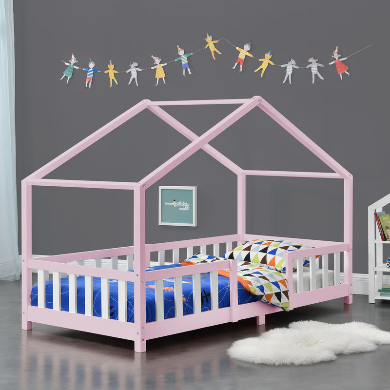Kinderbed – Kinderbedden – Eenpersoonsbed – Hoogslaper – Stapelbed – Huisvormig Design – Valbeveiliging – Grenenhout – 140x200 cm