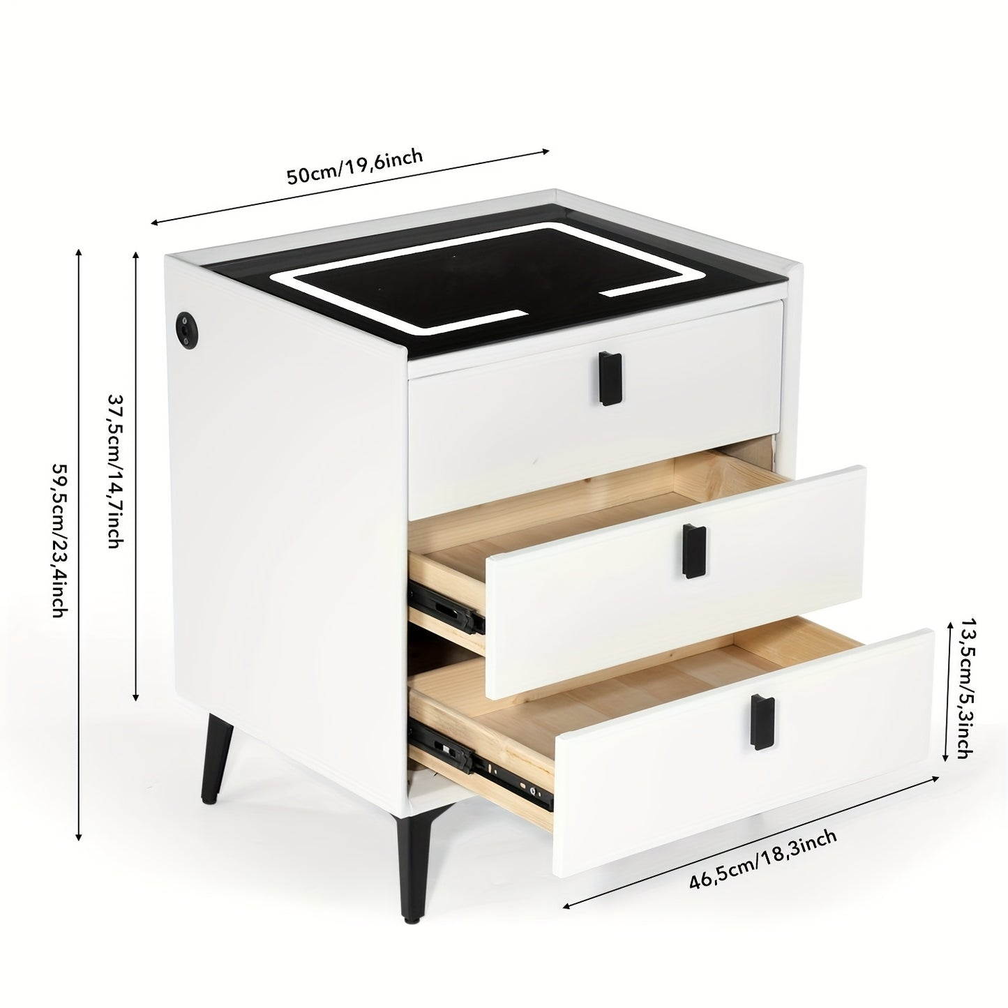 Nachtkastje – Bedside Table – Nachtkast – Bedtafeltje – Nachtkastje Met 2 Lades – Instelbare LED-Verlichting – USB Oplaadpoort – Zwart-Wit Houtlook