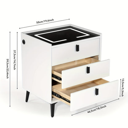 Nachtkastje – Bedside Table – Nachtkast – Bedtafeltje – Nachtkastje Met 2 Lades – Instelbare LED-Verlichting – USB Oplaadpoort – Zwart-Wit Houtlook