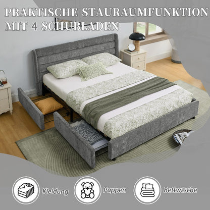 Ledikant – Bedframe – Slaapbank – Bedbank – Stalen Bed – 140x200 cm – Donkergrijs Chenille – 4 Grote Opbergladen – Eenvoudige Montage