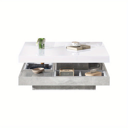 Sofa Tafel – Salontafel – Bijzettafel – Banktafel – Woonkamer Tafel – 360° Draaibaar Bovenblad – Wit Marmer MDF – Dubbel Laags – Uitbreidbaar Art Deco Design