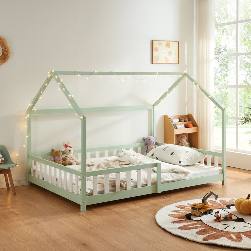 Kinderbed – Kinderbedden – Eenpersoonsbed – Bedframe – Bed met Reling – Huisvormig Kinderbed – Valbescherming – 120x200 cm Massief Dennenhout
