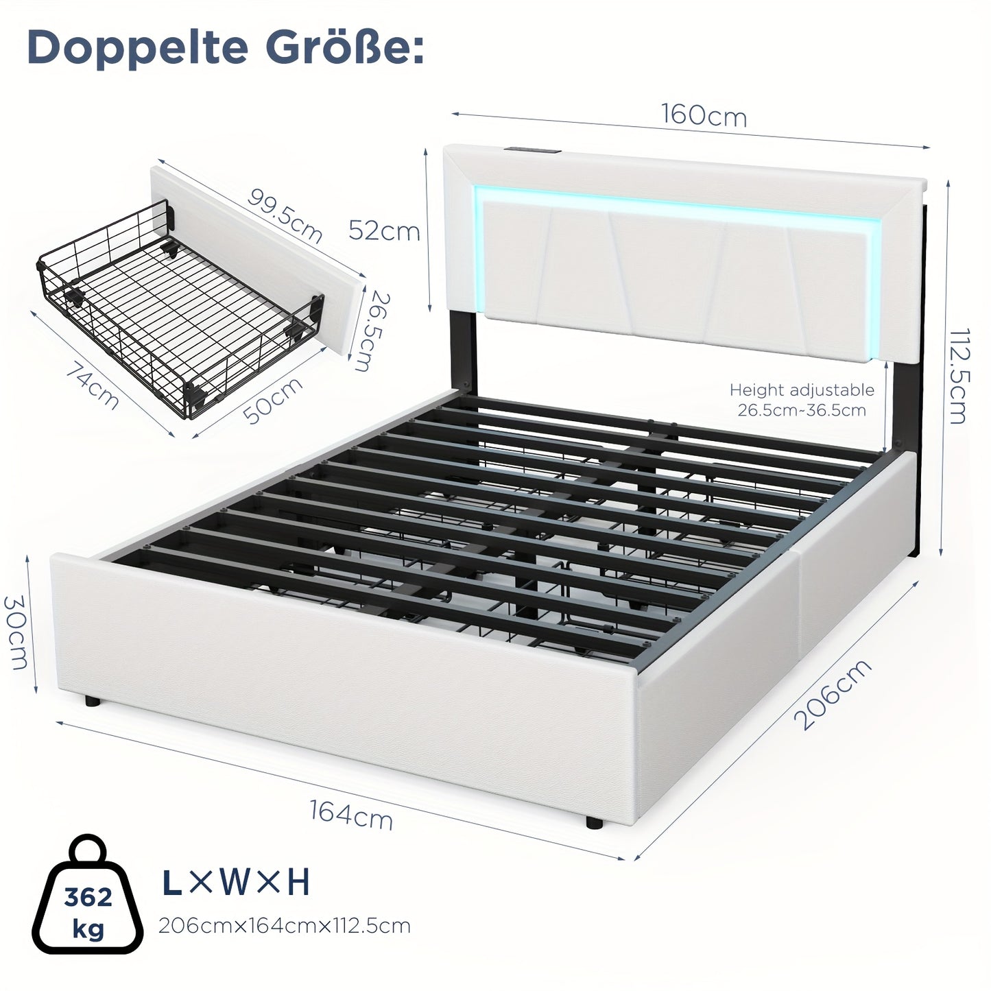 Gestoffeerd Tweepersoonsbed – Bedframe 160x200 – Opbergbed – Ladebed – Ruimtebesparend Bed – Met 4 Lades – Wit PU-Leer – Stevig Metalen Frame
