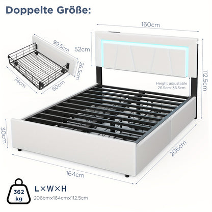 Gestoffeerd Tweepersoonsbed – Bedframe 160x200 – Opbergbed – Ladebed – Ruimtebesparend Bed – Met 4 Lades – Wit PU-Leer – Stevig Metalen Frame