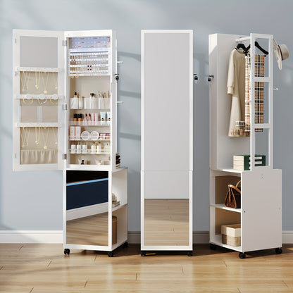 Sieradenkast – Sieraden Organizer – Sieradenrek – Make-up Opbergkast – Accessoireskast – Met 5-in-1 Functie – Afsluitbare Spiegelkast Met LED-Verlichting – 164,6 cm Hoog – Witte MDF Met Wieltjes