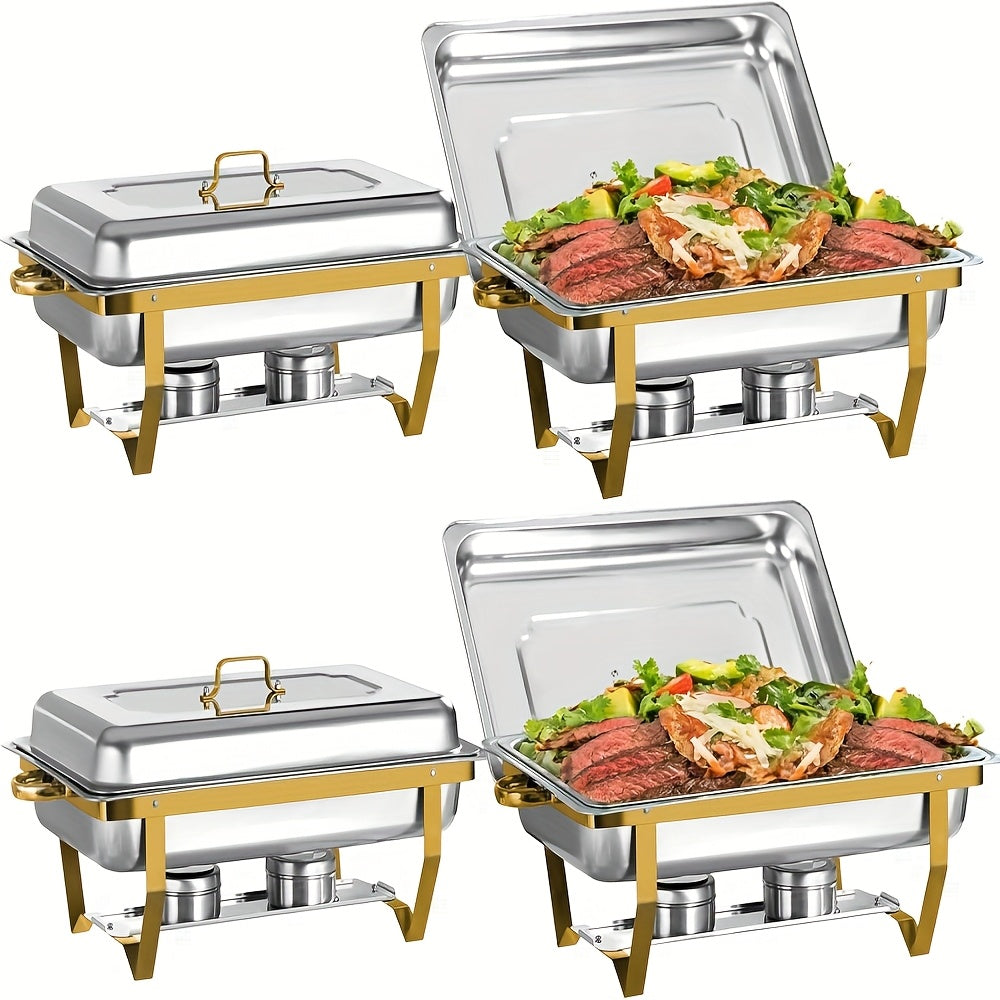 Chafing Dish Set – Warmhoudpan – Buffetpan – Serveerschotel – Au Bain-Marie – 4-Delige Set Goud – RVS 201 Roestvrij Staal – 9 Liter Inhoud – Geen Stroom Nodig – Elegant Stackbaar Design