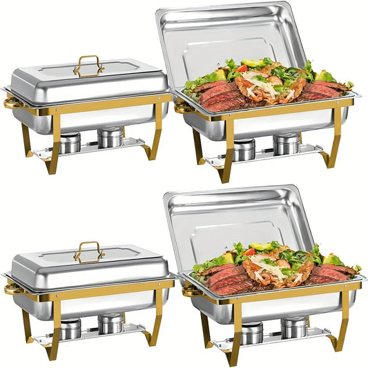 Chafing Dish Set – Warmhoudpan – Buffetpan – Serveerschotel – Au Bain-Marie – 4-Delige Set Goud – RVS 201 Roestvrij Staal – 9 Liter Inhoud – Geen Stroom Nodig – Elegant Stackbaar Design
