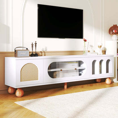 Modern TV Stand Media Console with Sliding Glass Doors & Open Arched Shelves - Heavy-Duty Metal Construction, Golden-Toned Legs - Living Room Furniture Centerpiece for Flat-Screen TVs - Easy Assembly Required