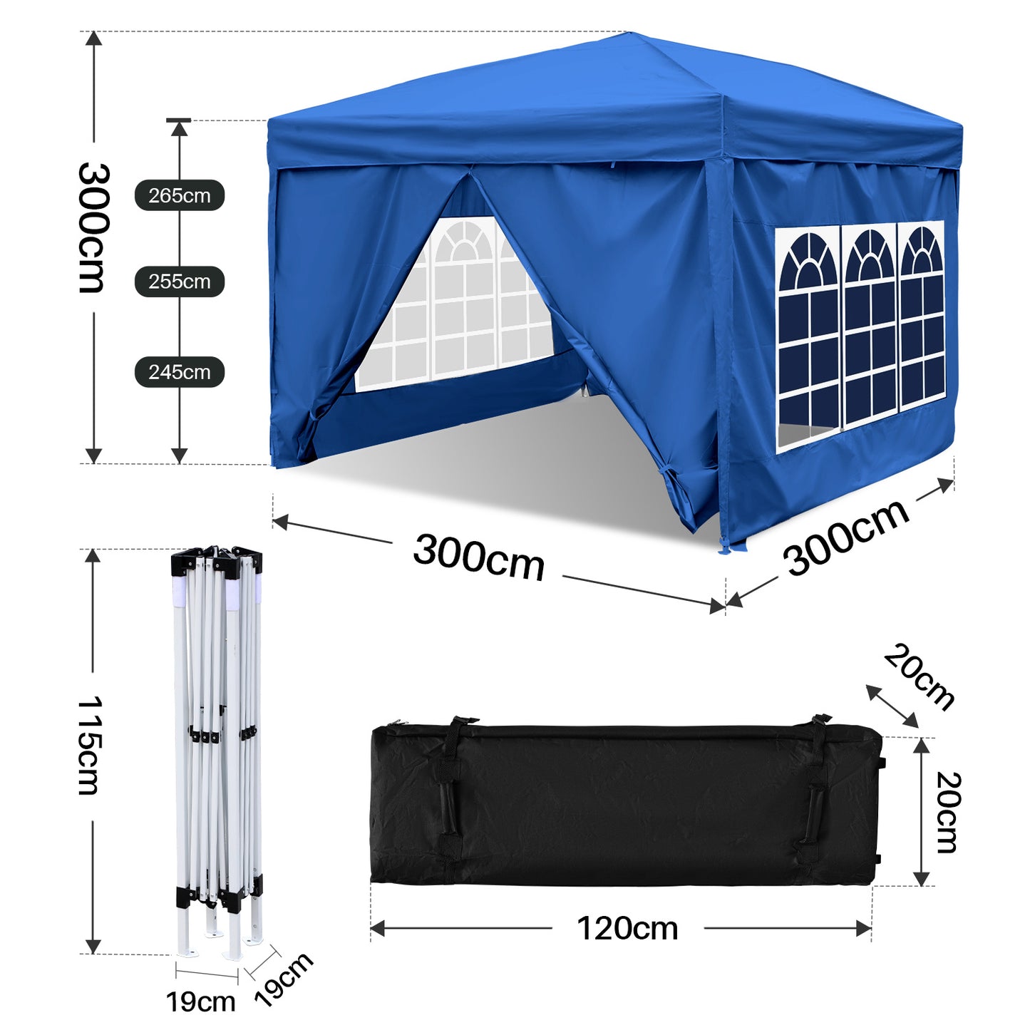 Strandtent – Partytent – Paviljoen – Vouwtent – Schaduwtent – 3x3 m – Waterafstotend Oxford Doek – Met Zijwanden – Blauw