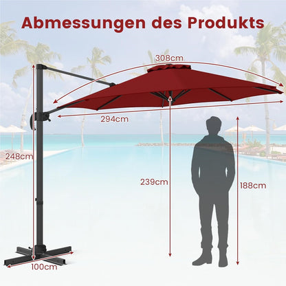 Parasol – Zweefparasol – Stokparasol – Tuinparasol – Marktparasol – Ø 300 cm – Kantelbaar en 360° Draaibaar – Rood Polyester