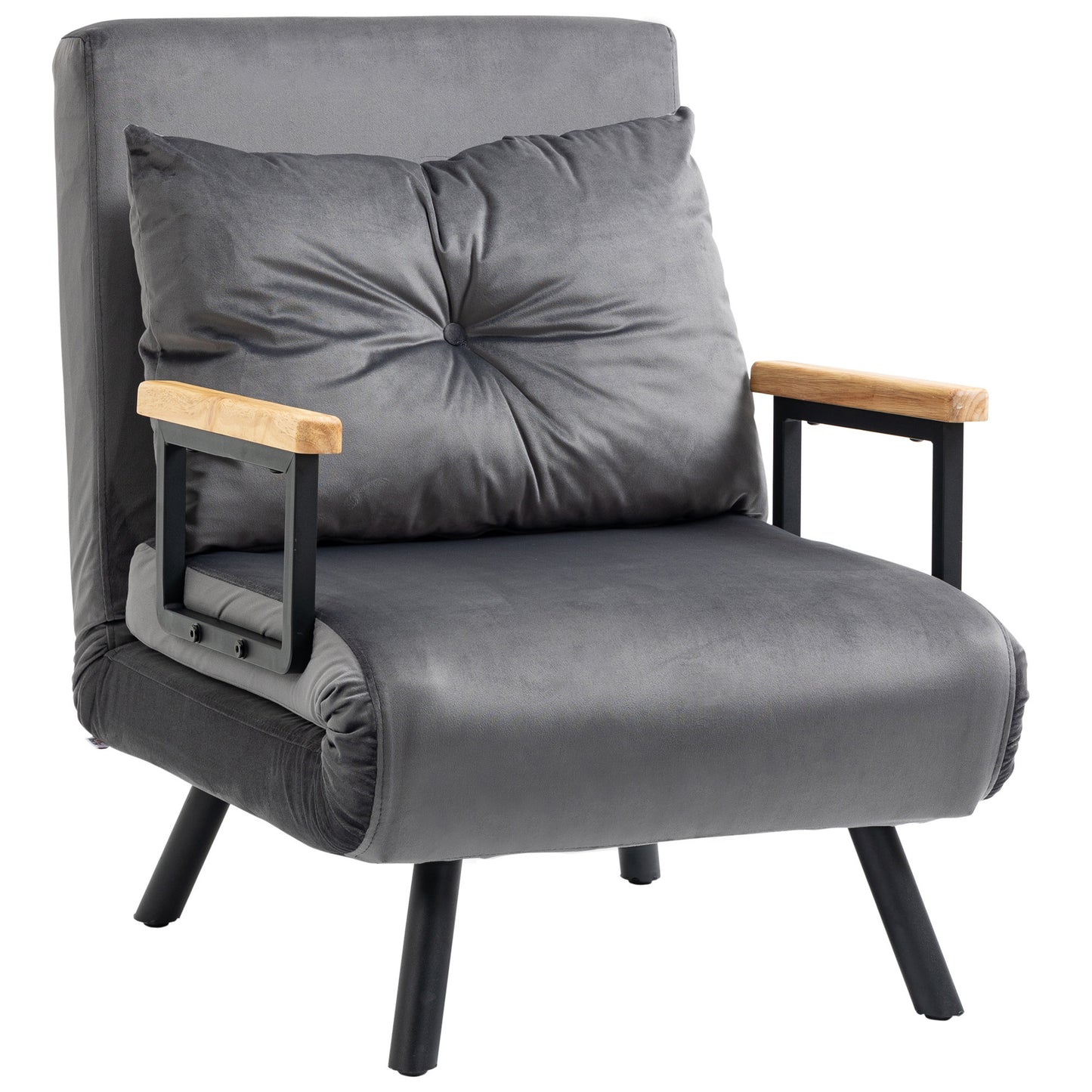 Slaapbank – Bedbank – Slaapstoel – Tweepersoonsbed – Verstelbare Rugleuning – Fluweelzachte Donkergrijze Bekleding – Stalen Frame – Inclusief Kussen