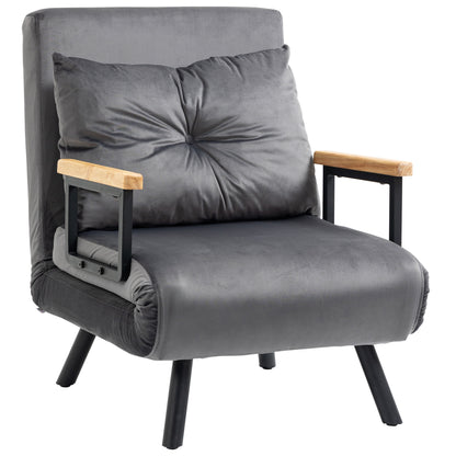 Slaapbank – Bedbank – Slaapstoel – Tweepersoonsbed – Verstelbare Rugleuning – Fluweelzachte Donkergrijze Bekleding – Stalen Frame – Inclusief Kussen