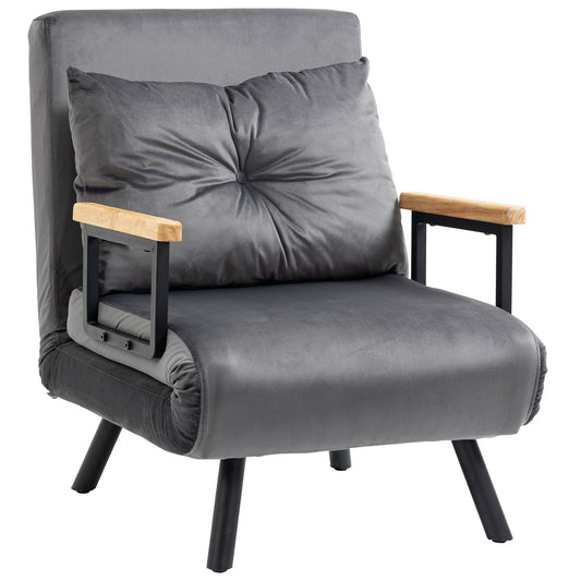 Slaapbank – Bedbank – Slaapstoel – Tweepersoonsbed – Verstelbare Rugleuning – Fluweelzachte Donkergrijze Bekleding – Stalen Frame – Inclusief Kussen