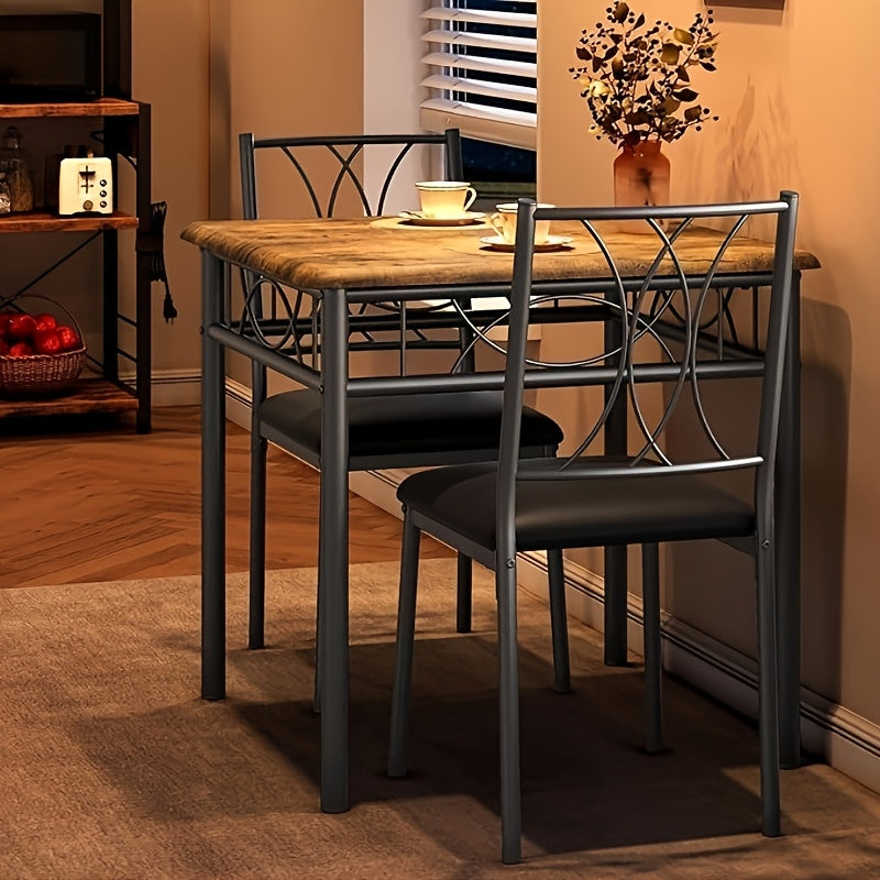 Compact Eettafel Set – Kleine Eetkamer Tafel – Bistro Set – Keukentafel Voor 2 Personen – Vintage Retro Stijl – Metaal En MDF – Padded Stoelen & Stevige Frame – Bruine Houtnerf Afwerking