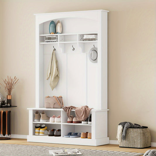 Halbankje – Halmeubel – Schoenenbank – Opbergbankje – Gangbank – Multifunctionele Opbergruimte – 3 Haakjes – Wit – H190 x B120 x D40 cm