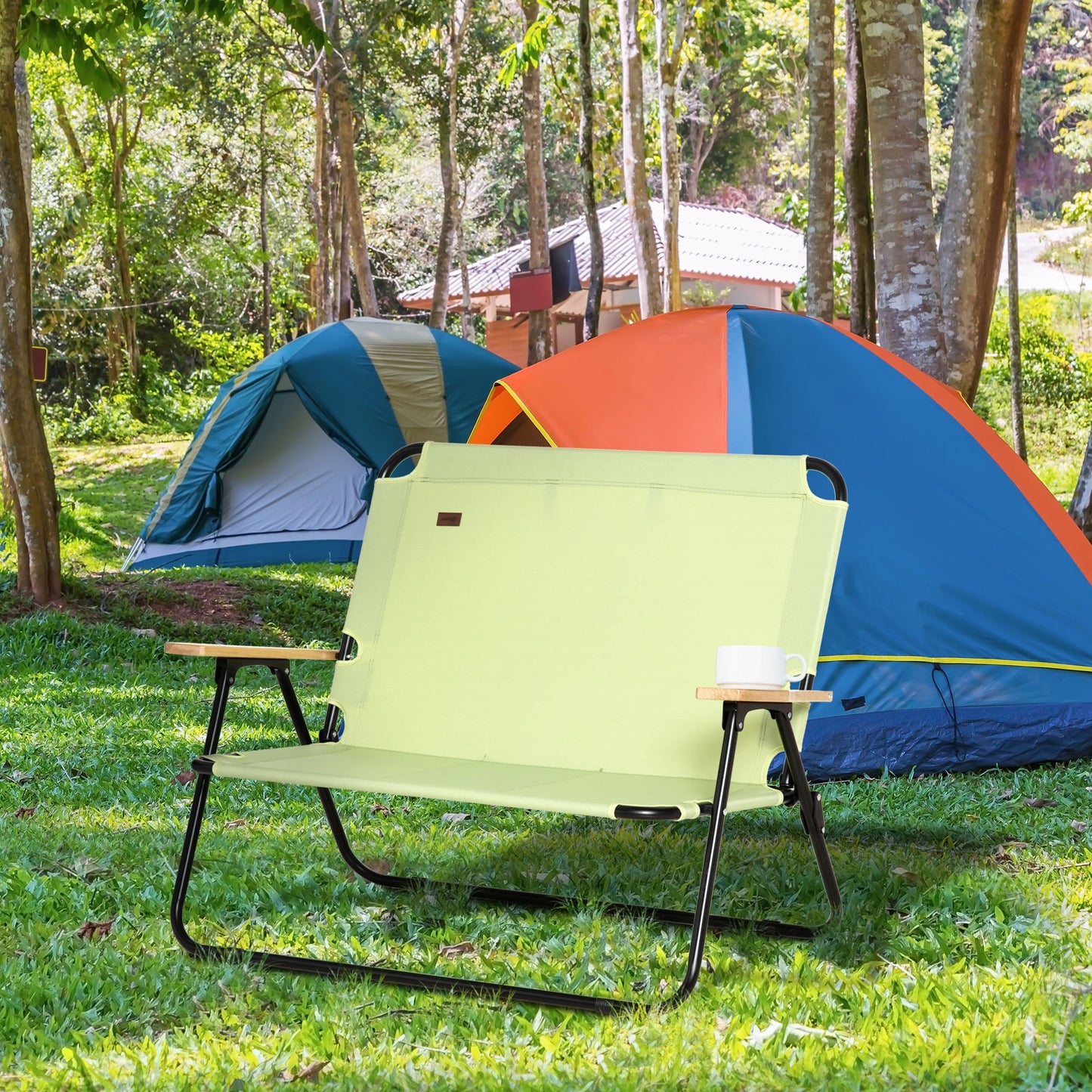 2-Persoons Campingstoel – Tweezits Vouwstoel – Dubbele Outdoor Stoel – Inclusief Bekerhouders – Groen – Stevig Stalen Frame – Compact Opvouwbaar