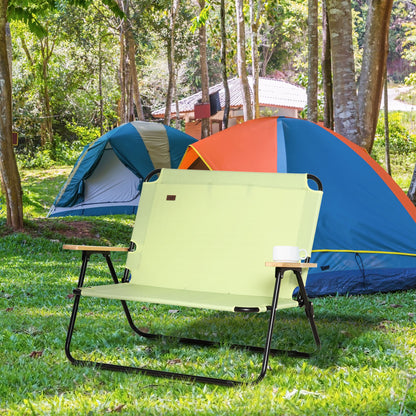 2-Persoons Campingstoel – Tweezits Vouwstoel – Dubbele Outdoor Stoel – Inclusief Bekerhouders – Groen – Stevig Stalen Frame – Compact Opvouwbaar