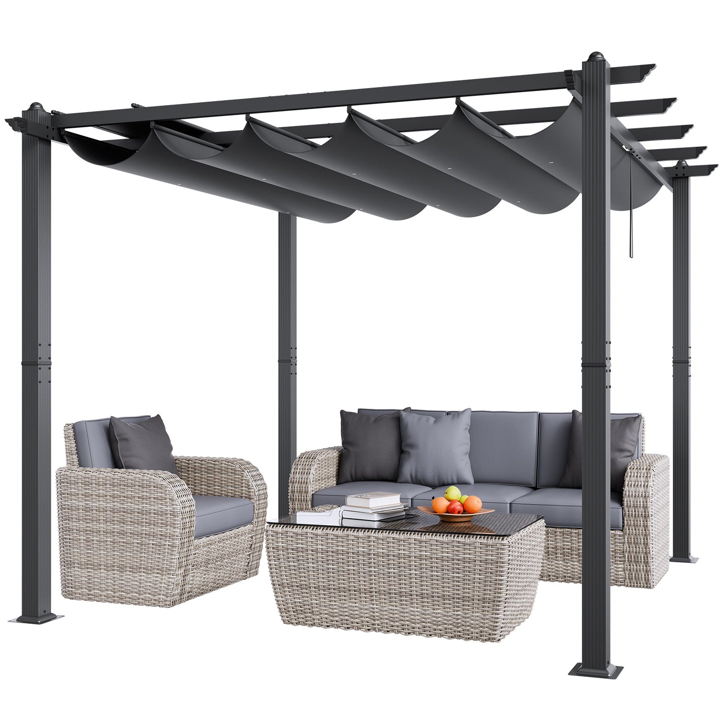 Pergola – Tuinprieel – Terrasoverkapping – Tuinpaviljoen – Zonwering – Uitschuifbaar Dak – Aluminium Frame – 3x3 Meter – UV-Bescherming – Weerbestendig – Grijs