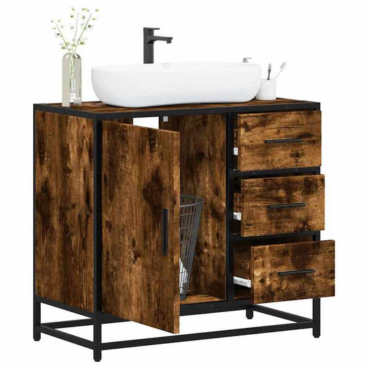 Badkamermeubel – Wastafelkast – Badkamerkast – Opbergmeubel – Toiletkast – Smoke Eiken – Compact 65x33x60 cm – Duurzaam Houtcomposiet Met Metalen Frame