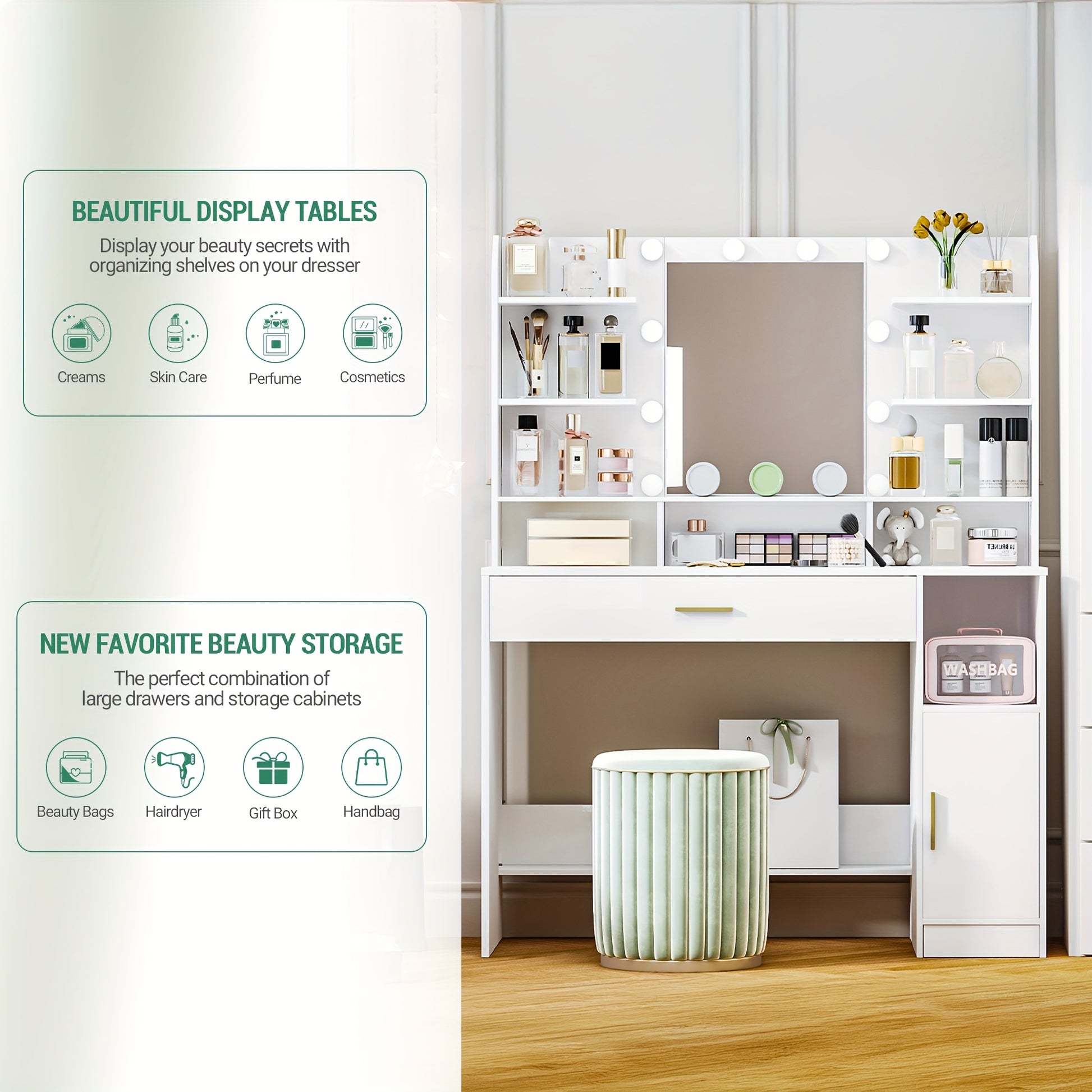 Jewelry Cabinet, Dressing Table, Large Tabletop with Mirror, Accessory Storage, LED Light with Adjustable Brightness, Organiser Drawers and Storage Cabinets, Open Shelves, for Bedroom, Cloakroom, White, Jewellery Cabinet, Clo - QUORE