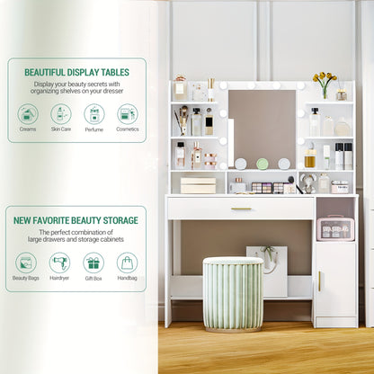 Jewelry Cabinet, Dressing Table, Large Tabletop with Mirror, Accessory Storage, LED Light with Adjustable Brightness, Organiser Drawers and Storage Cabinets, Open Shelves, for Bedroom, Cloakroom, White, Jewellery Cabinet, Clo - QUORE