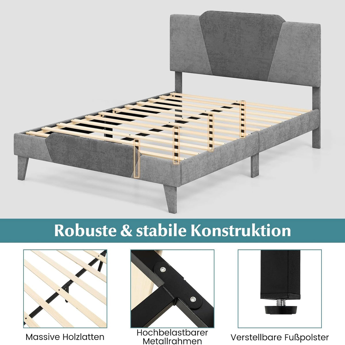 Bedframe – Fluwelen Bed – Gestoffeerd Bed – Lattenbodem Bed – Slaapbed – Massief Houten Lattenbodem – Geen Boxspring Nodig – Eenvoudige Montage – Grijs