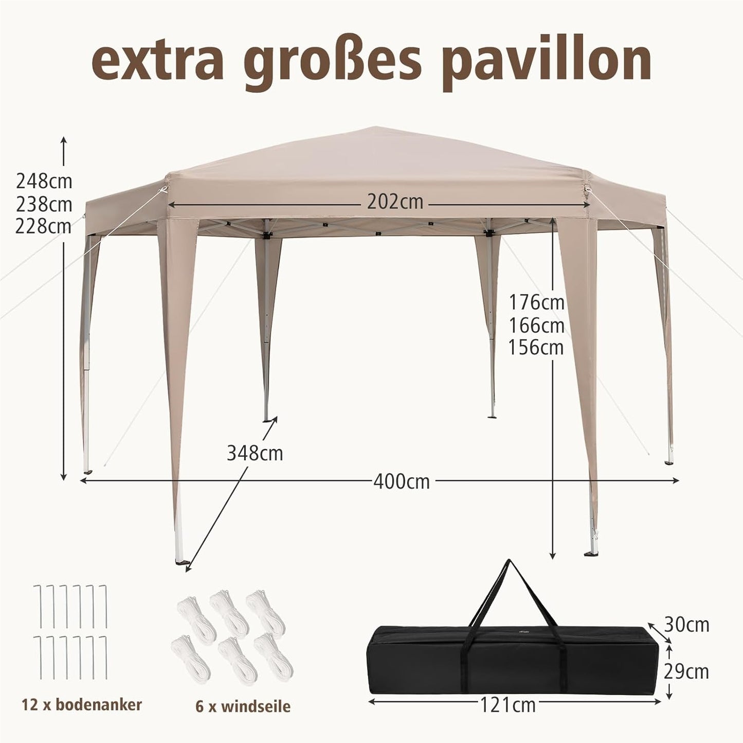 Pop-up Partytent – Vouwtent – Tuinkapscherm – Feesttent – Paviljoen – Verstelbare Hoogte – Water- en UV-bestendig Khaki 400x348 cm