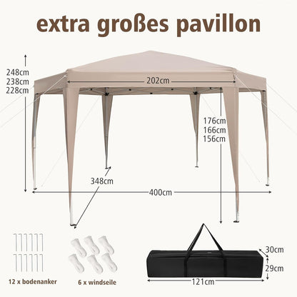 Pop-up Partytent – Vouwtent – Tuinkapscherm – Feesttent – Paviljoen – Verstelbare Hoogte – Water- en UV-bestendig Khaki 400x348 cm
