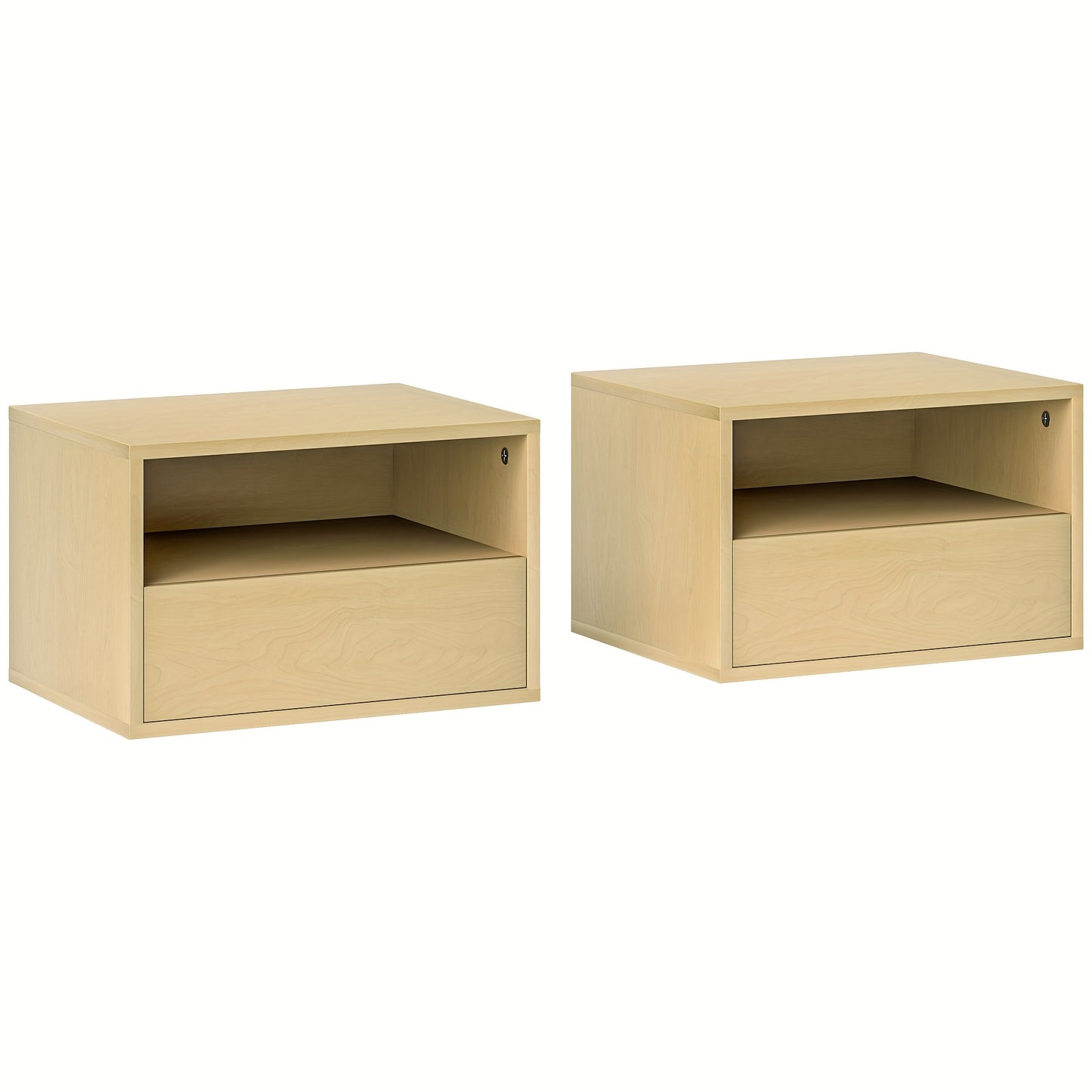 Nachtkastje – Zwevend Nachtkastje – Wandkastje – Bijzettafel – Opbergkast – Set van 2 – Natuurlijk Hout – 45x35x27,5 cm – Met Lade en Open Plank