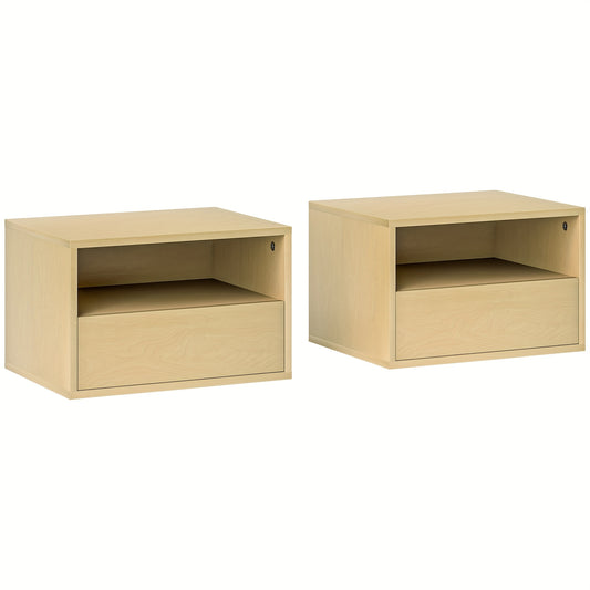 Nachtkastje – Zwevend Nachtkastje – Wandkastje – Bijzettafel – Opbergkast – Set van 2 – Natuurlijk Hout – 45x35x27,5 cm – Met Lade en Open Plank