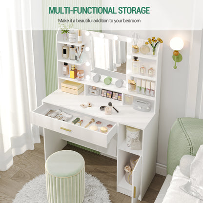 Make-up Tafel – Kaptafel – Dressoir – Sieradendoos – Make-up Kast – Witte Make-up Tafel – Ingebouwde LED-verlichting – Ruime Opberglades en Open Vakken