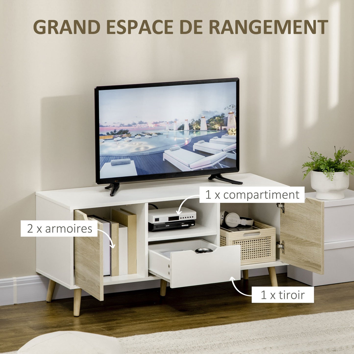 Tv Meubel – TV Kast – TV Meubel Lowboard – TV Dressoir – TV Cabinet – Wit Hout – 110x40x50 cm – Opbergruimte Met 2 Deuren