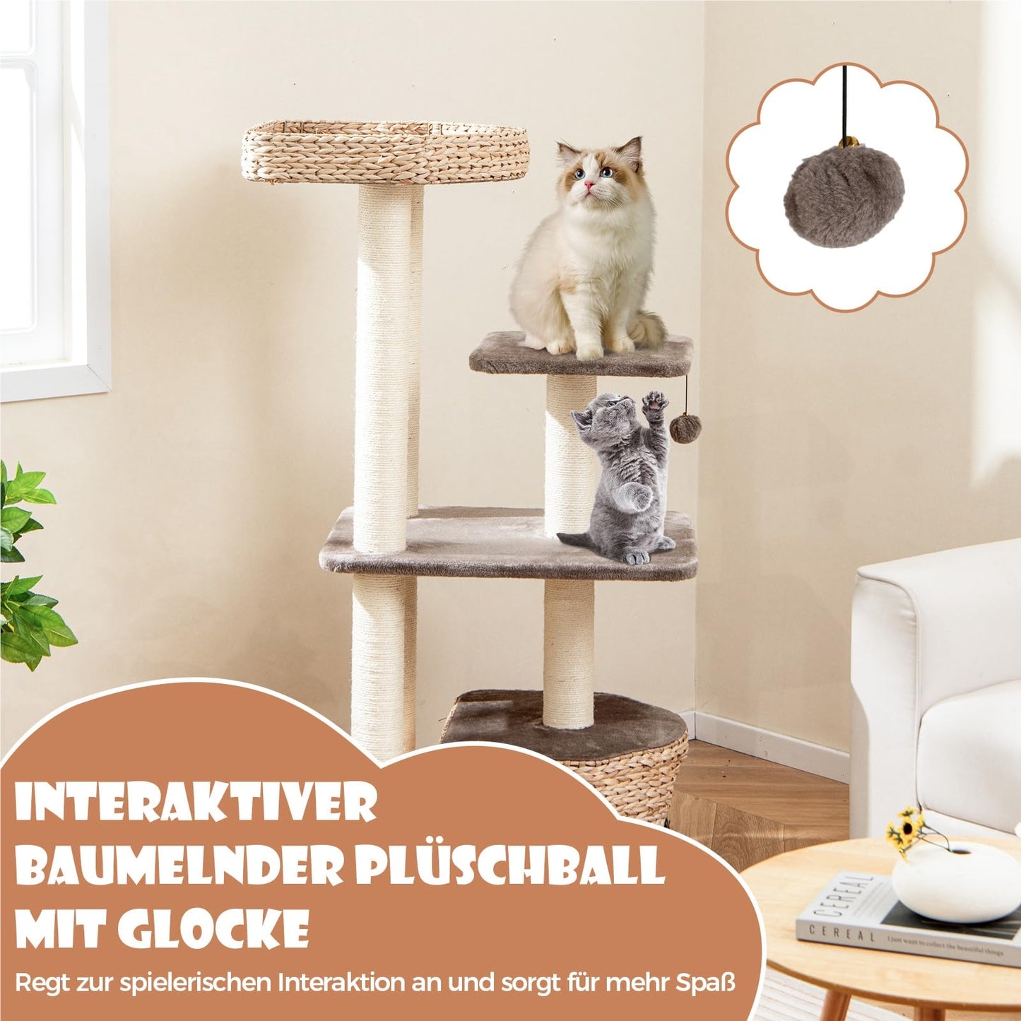 Krabpaal – Krabmeubel – Kattenklimpaal – Krabton – Kattenmeubel – 131 cm Hoog – Natuurlijk Riet en Sisal