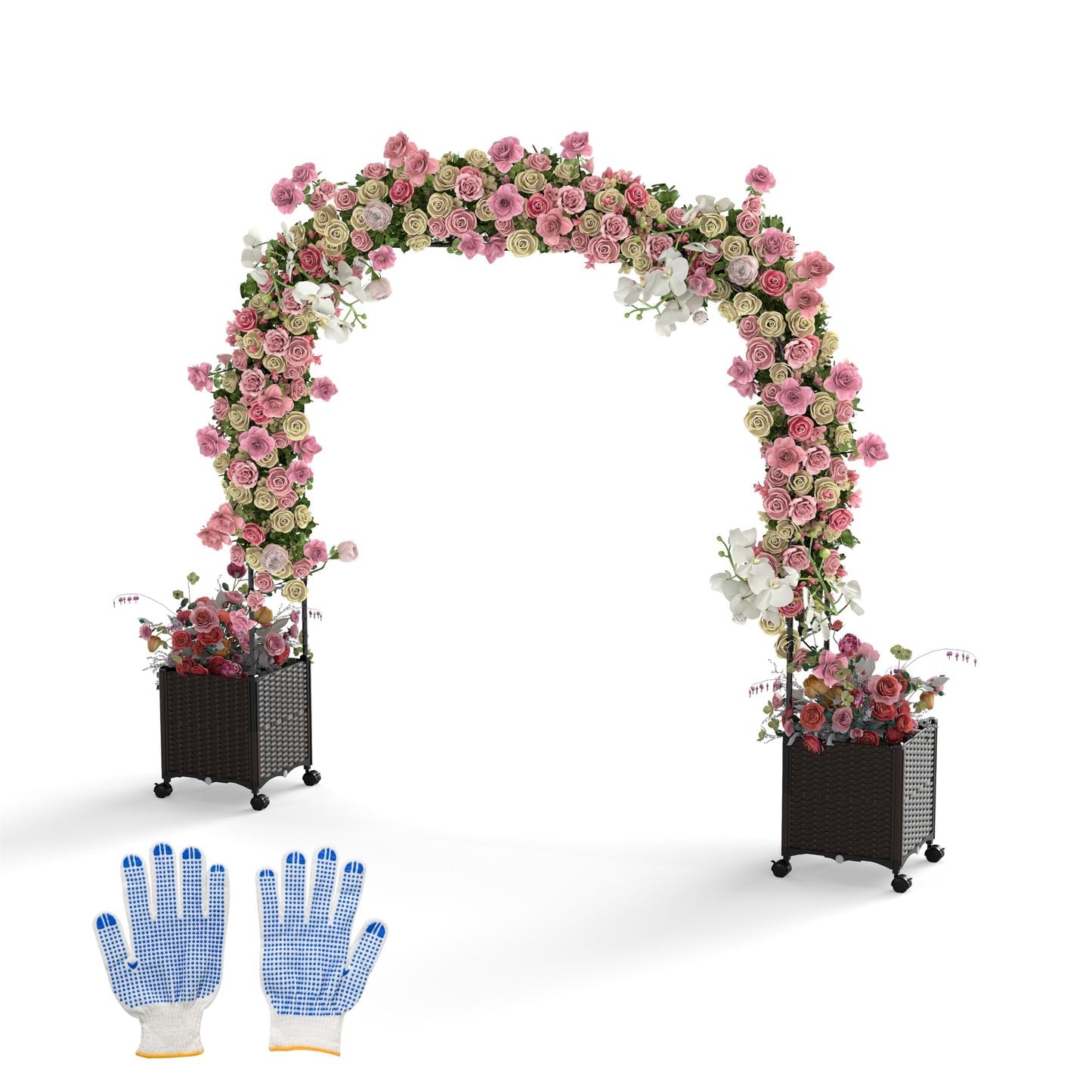 Tuinboog 2-in-1 – Rozenboog – Klimrek – Klimplantboog – Archeon – Met Bloembakken Op Wielen – Met Drainagegaten – 288 cm Hoog – Zwart Metaal en PP