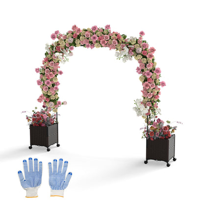 Tuinboog 2-in-1 – Rozenboog – Klimrek – Klimplantboog – Archeon – Met Bloembakken Op Wielen – Met Drainagegaten – 288 cm Hoog – Zwart Metaal en PP