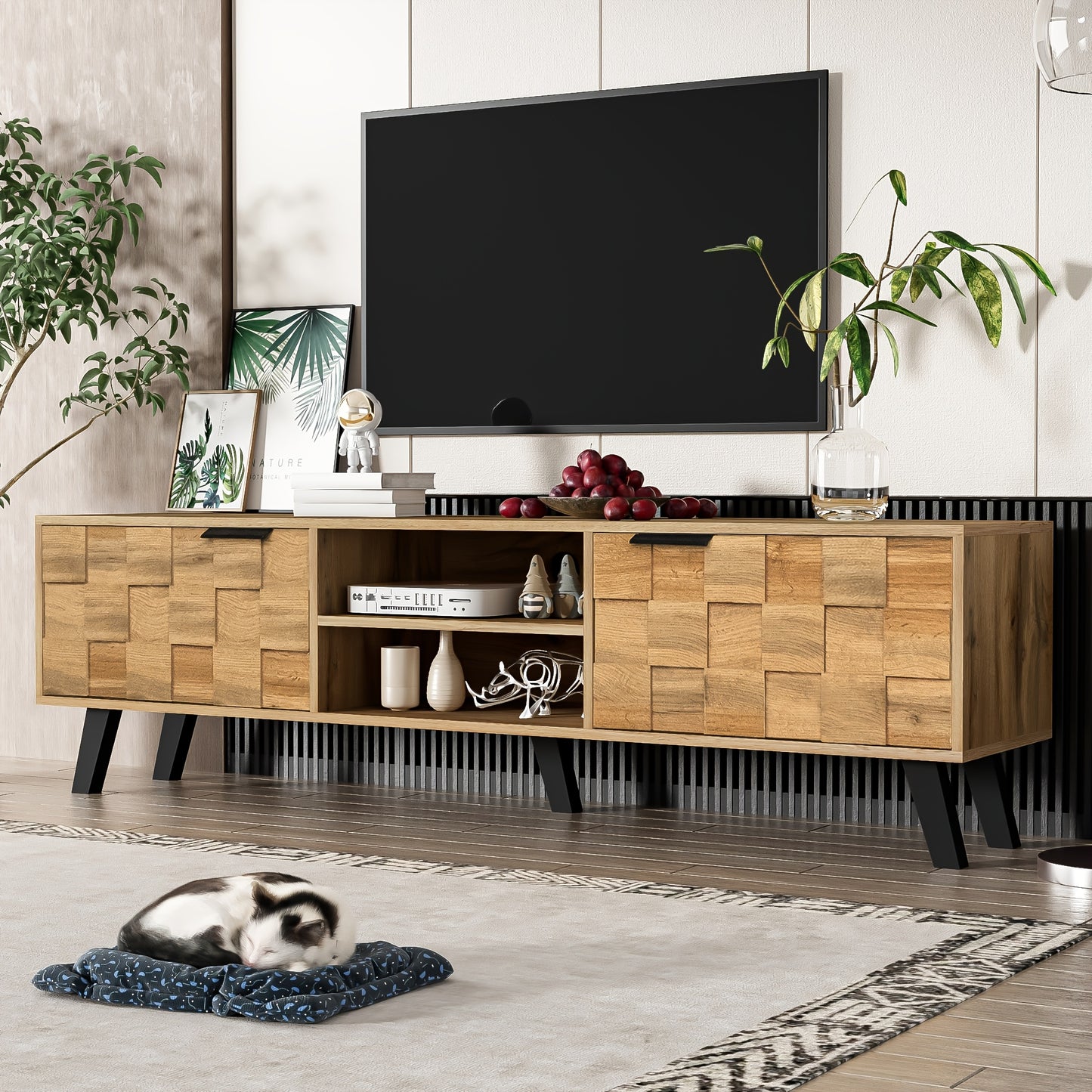 TV-Meubel – Tv-Kast – Mediameubel – Dressoir – Houten Meubel – Natuurlijk Hout – 160 cm Breed – 2 Deuren & 2 Open Vakken