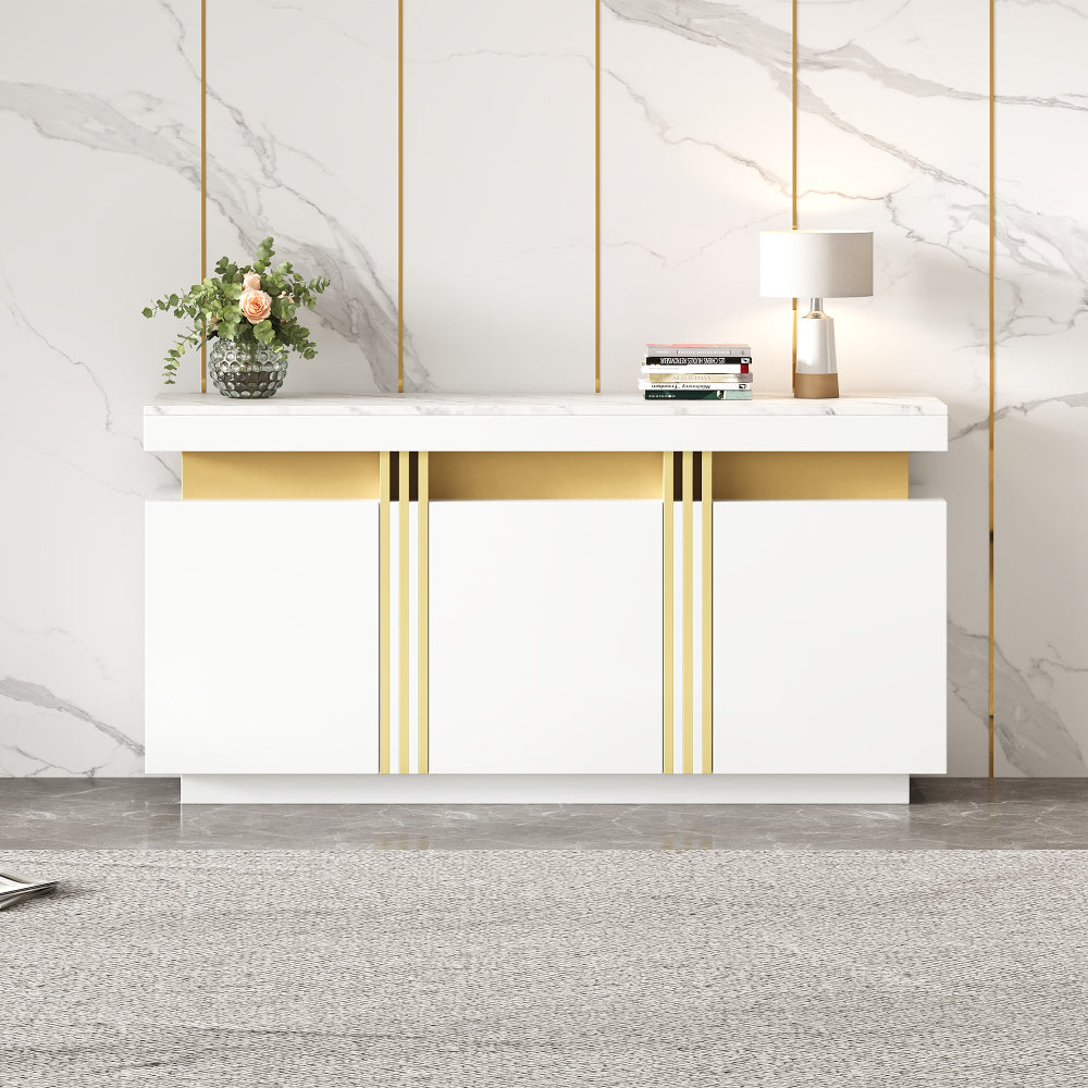 Modern White Sideboard/Display Cabinet | Three-Door Design with Adjustable Shelves, Suitable for Kitchens, Living Rooms, Dining Rooms, Hallways, Platinum Stitching, Spacious Handle-Less Compartments, Contemporary Style, Metal