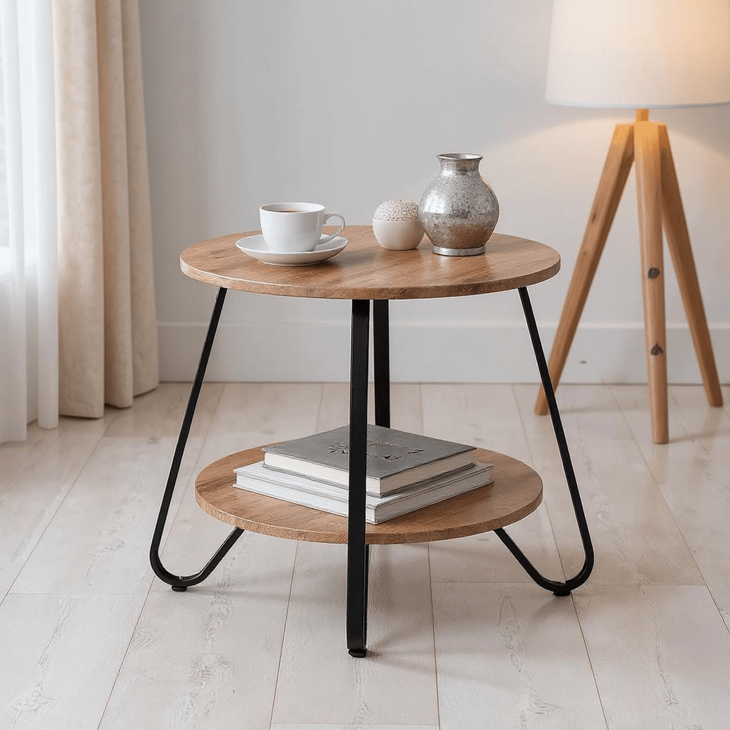 Salontafel – Koffietafel – Bijzettafel – Woonkamertafel – Compacte Tafel – Metalen Frame – 2-Lagen Opbergruimte – MDF Blad Bruin 46x46x45 cm