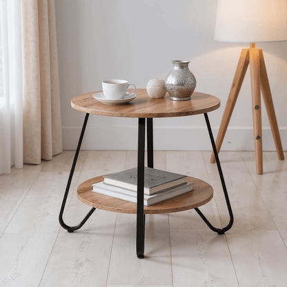 Salontafel – Koffietafel – Bijzettafel – Woonkamertafel – Compacte Tafel – Metalen Frame – 2-Lagen Opbergruimte – MDF Blad Bruin 46x46x45 cm