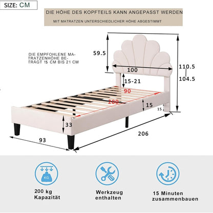 Eenpersoonsbed – Bedframe – Jongerenbed – Logeerbed – Kinderbed – Roze Fluwelen Hoofdbord – Stevig MDF Frame – 90x200 cm
