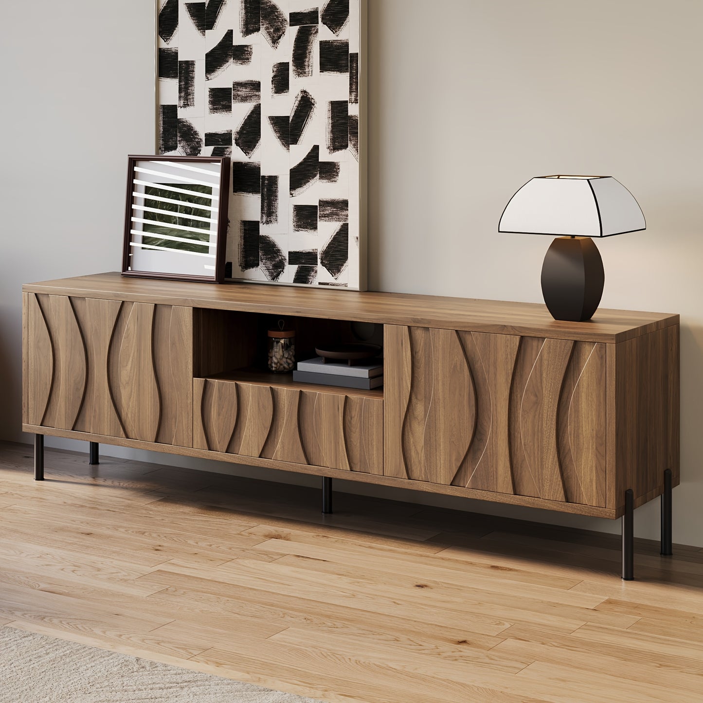 TV-meubel – TV-kast – Lowboard – Dressoir – Media meubel – 3D Gestreept – Bamboe – Laag Ontwerp – Vloerplaatsing