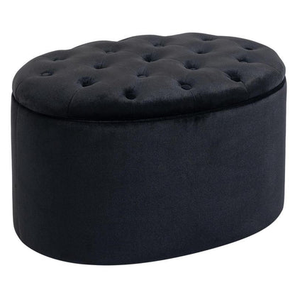 Opbergbank – Opbergpoef – Zitbank Met Opbergruimte – Opbergkist – Hocker – Fluwelen Bekleding – Ovaal Design – 71x52x42 cm – Zwart – Ruimtebesparend – Met Scharnierend Deksel