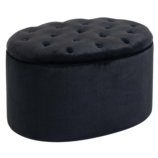 Opbergbank – Opbergpoef – Zitbank Met Opbergruimte – Opbergkist – Hocker – Fluwelen Bekleding – Ovaal Design – 71x52x42 cm – Zwart – Ruimtebesparend – Met Scharnierend Deksel