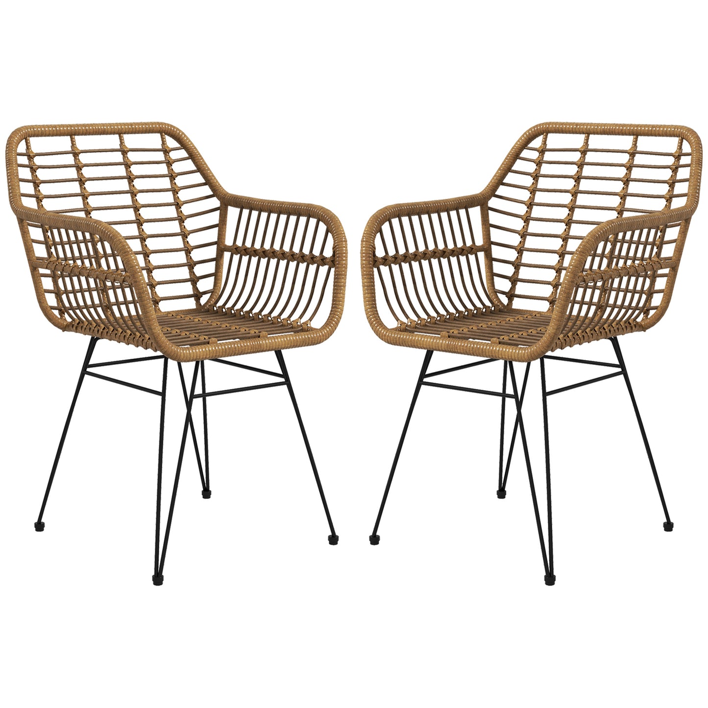 Eetkamerstoel – Keukenstoel – Bistrostoel – Rattan Stoel – Boho Stoel – PE Rattan Materiaal – Stevig Zwart Frame – Set Van 2 – Natuurlijk Bruin