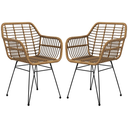 Eetkamerstoel – Keukenstoel – Bistrostoel – Rattan Stoel – Boho Stoel – PE Rattan Materiaal – Stevig Zwart Frame – Set Van 2 – Natuurlijk Bruin