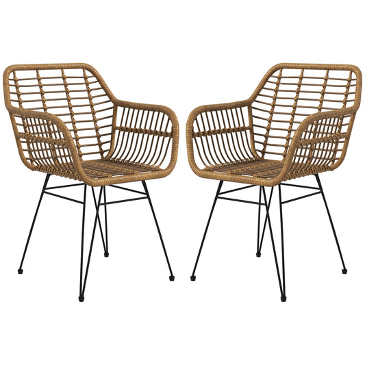 Eetkamerstoel – Keukenstoel – Bistrostoel – Rattan Stoel – Boho Stoel – PE Rattan Materiaal – Stevig Zwart Frame – Set Van 2 – Natuurlijk Bruin