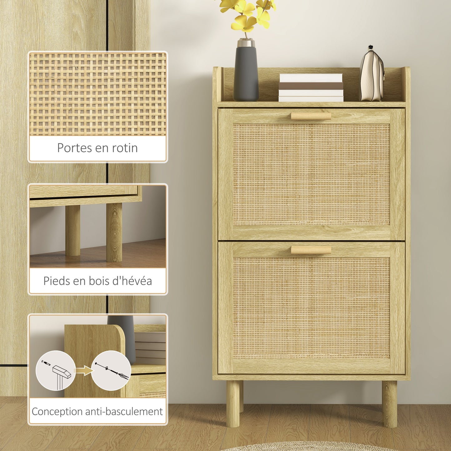 HOMCOM Shoe Rack 2-Door Cabinet 12 Pairs, Woven Rattan Effect Bohemian Design - Dimensions: 80L X 24.5W X 110H Cm Natural