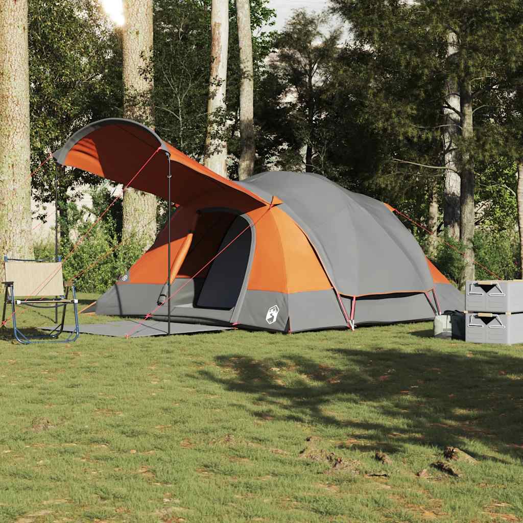 Familietent – Gezinstent – Kampeertent – Buitentent – Tent Met Luifel – Waterdicht Polyester Met PU-Coating – Lichtgewicht En Snel Op Te Zetten – Grijs Oranje