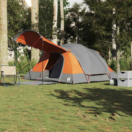 Familietent – Gezinstent – Kampeertent – Buitentent – Tent Met Luifel – Waterdicht Polyester Met PU-Coating – Lichtgewicht En Snel Op Te Zetten – Grijs Oranje